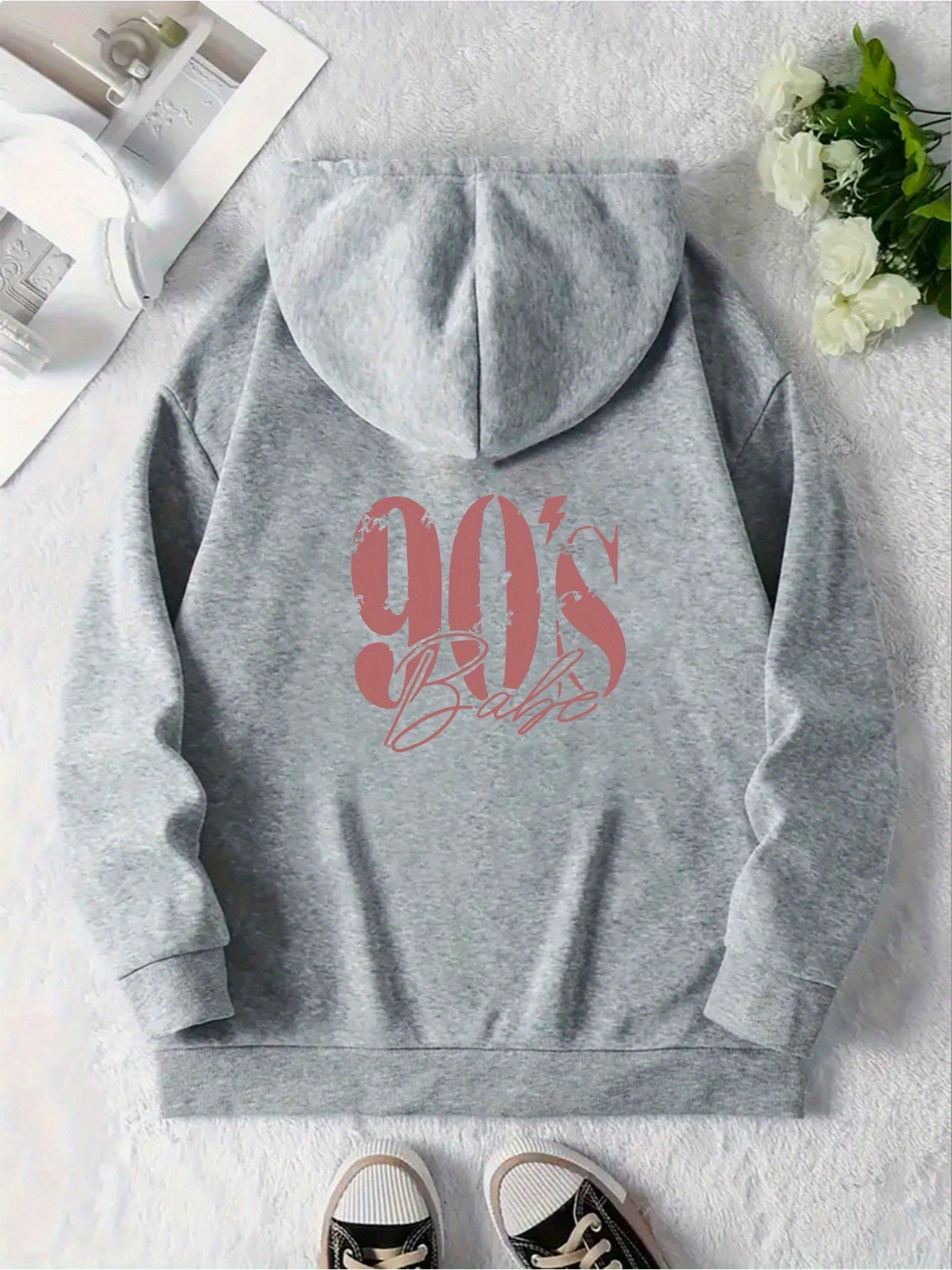 Y2K-Inspired '90'S Baba' Graphic Print Hoodie for Women - Casual Long Sleeve, Kangaroo Pocket, Drop Shoulder Design, Street Style, Machine Washable, Perfect for Spring & Summe